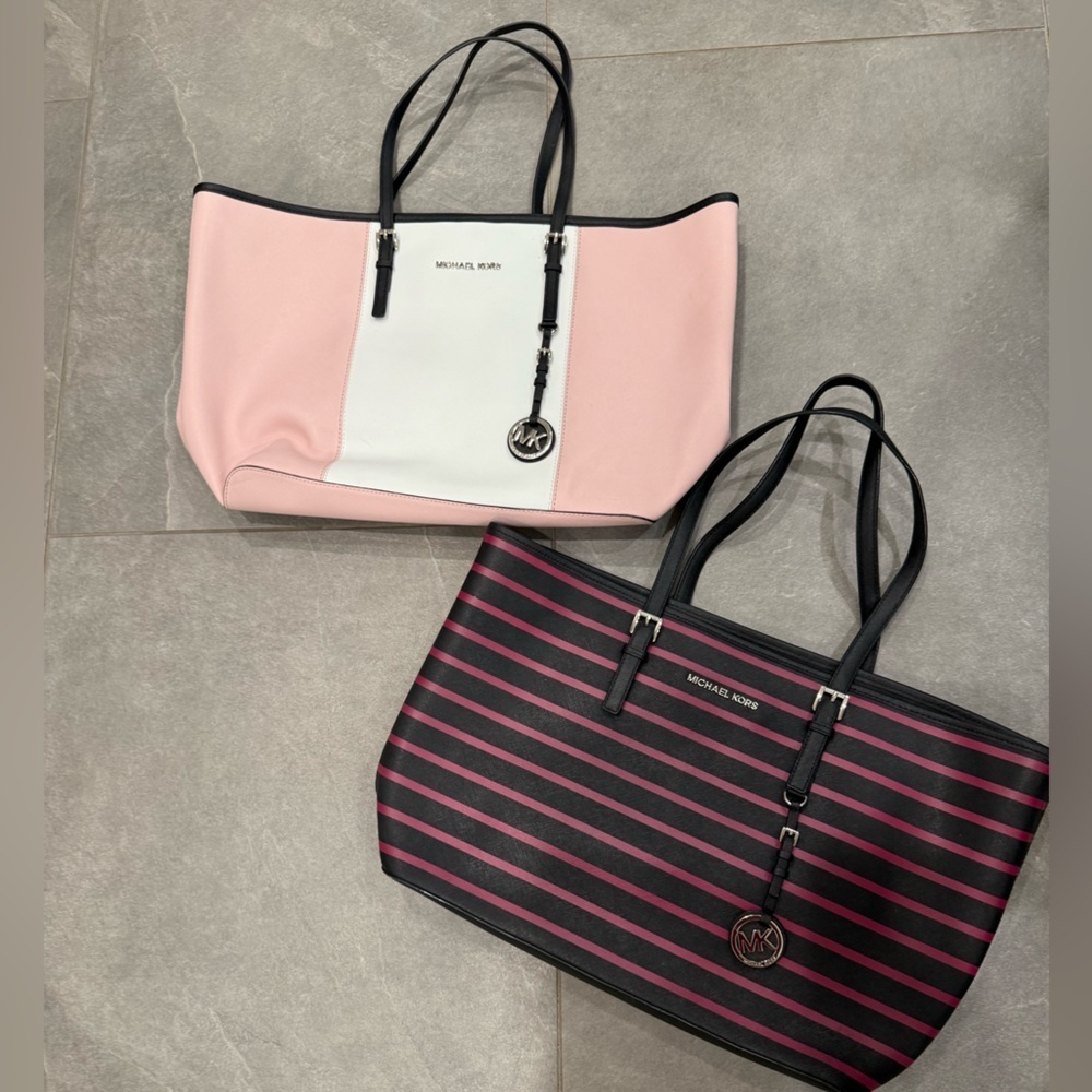 Michael Kors Jet Set Striped Saffiano Leather Laptop Tote Bag EUC black pink - Picture 15 of 15